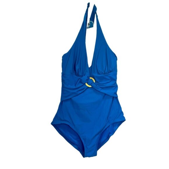 SPANX Bayside Halter Shaping 1Piece Swimsuit Ring Buckle Slimming Padded Blue 14 - Picture 2 of 16